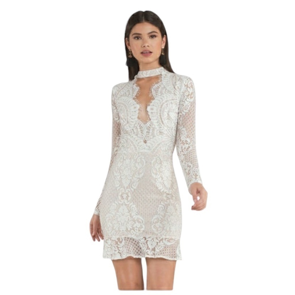TOBI NWT White Lace long Sleeve Plunging Neckline Halter Mini Party Dress Size L
